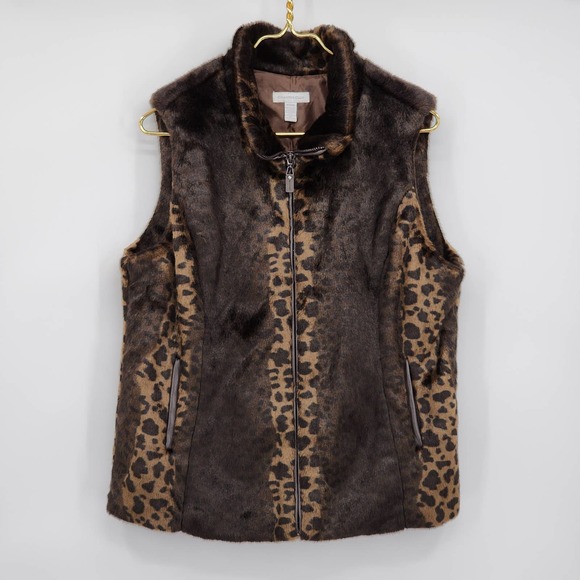 Charter Club Faux Fur Leather Luxurious Zip Up Vest Brown Animal Print Medium - Picture 1 of 7